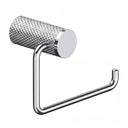 A modern wall-mounted polished chrome toilet paper holder with a textured cylindrical roll holder and a U-shaped support arm, shown against a plain white background.