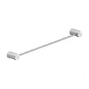 A modern polished chrome towel bar with knurled cylindrical end caps, shown diagonally on a plain white background.