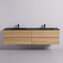 A modern floating 84-inch double-sink bathroom vanity with a light natural oak wood cabinet and a matte black countertop, shown against a neutral light gray wall.