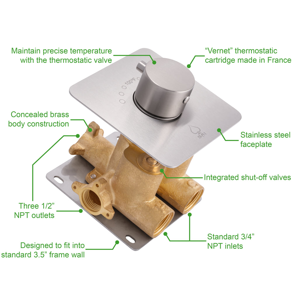 BAI 0139 Concealed Thermostatic Shower Mixer Valve with 3/4-inch Inlets in Brushed Nickel Finish