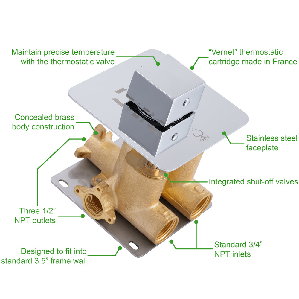 BAI 0142 Concealed Thermostatic Shower Mixer Valve with 3/4-inch Inlets in Polished Chrome Finish