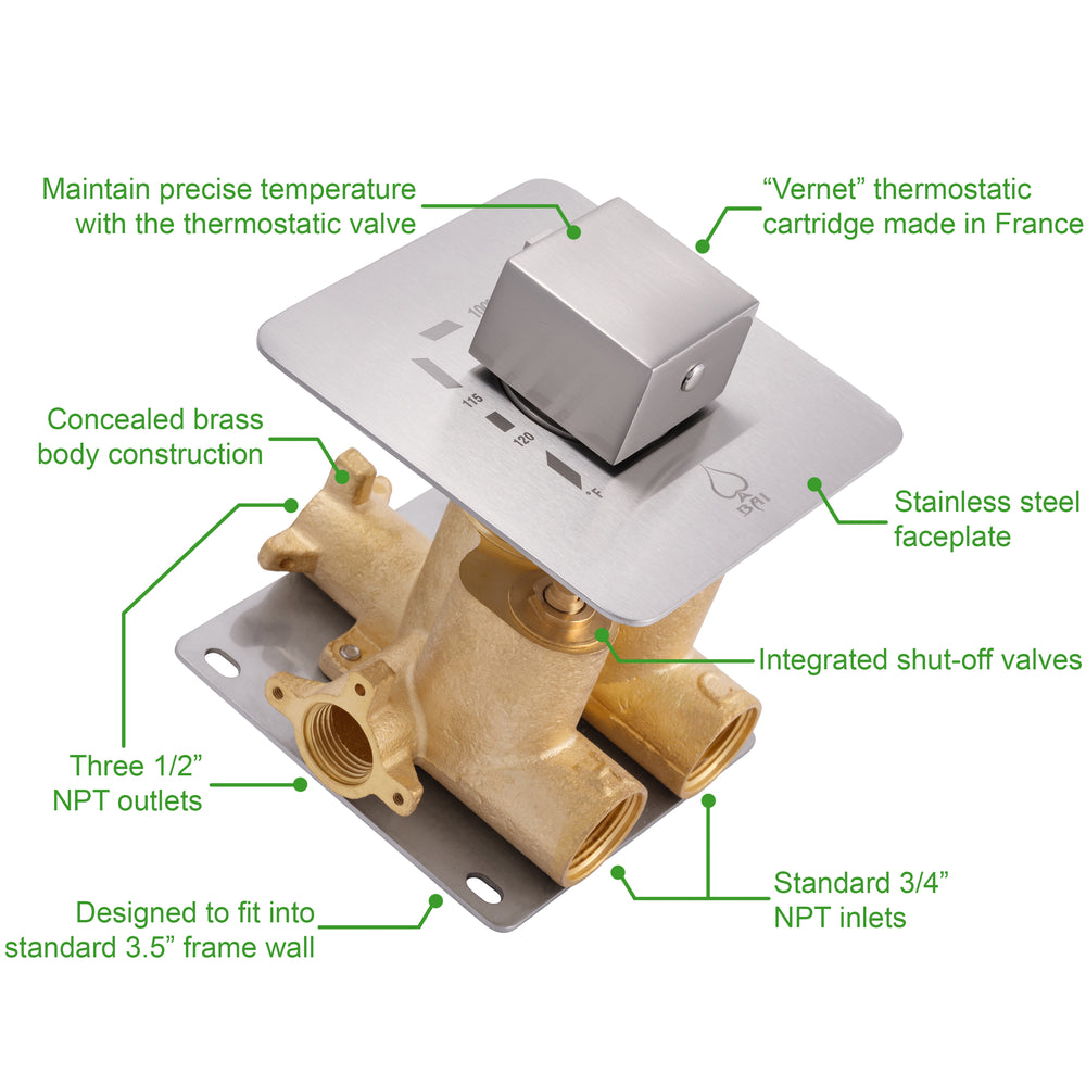 BAI 0143 Concealed Thermostatic Shower Mixer Valve with 3/4-inch Inlets in Brushed Nickel Finish