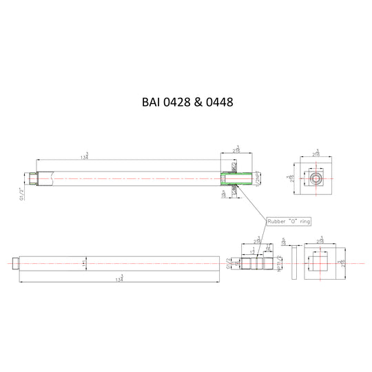 Technical drawings for BAI 0428 Ceiling Mounted 14-inch Shower Head Arm in Polished Chrome Finish
