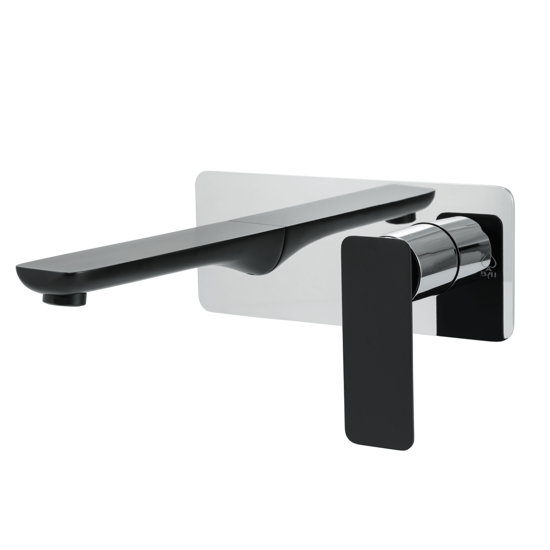 BAI 0679 Single Handle Contemporary Wall Mounted Bathroom Faucet in Black and Polished Chrome Finish