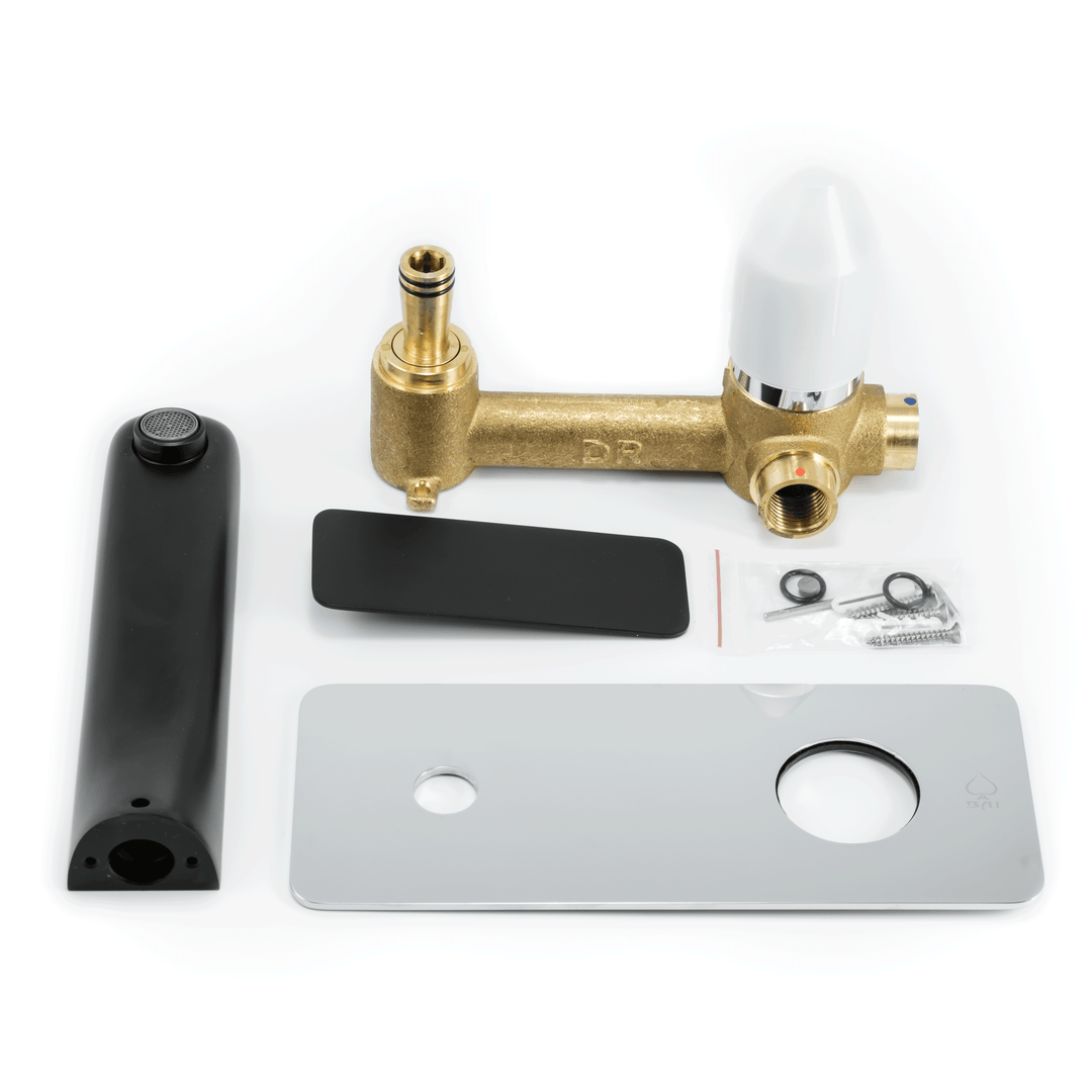 BAI 0679 Single Handle Contemporary Wall Mounted Bathroom Faucet in Black and Polished Chrome Finish
