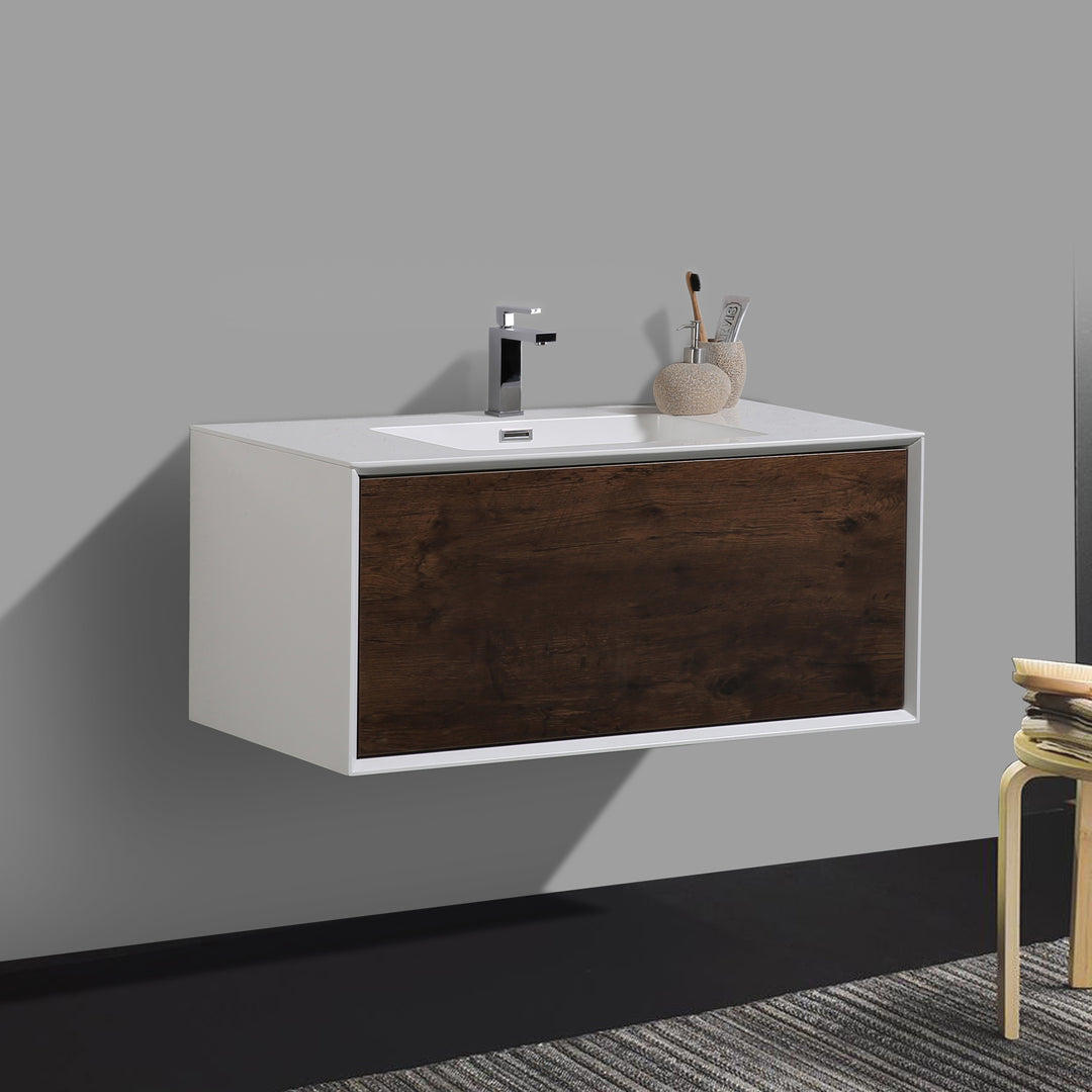 BAI 0701 Wall Hung 36-inch Bathroom Vanity in Rose Wood Finish