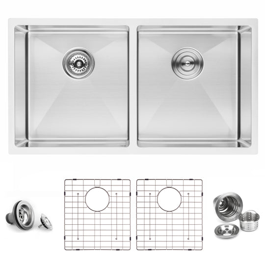 BAI 1225 Stainless Steel 16 Gauge Kitchen Sink Handmade 33-inch Undermount Double Bowl