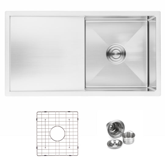 BAI 1230 Stainless Steel 16 Gauge Kitchen Sink Handmade 33-inch Undermount Single Bowl with Drainboard