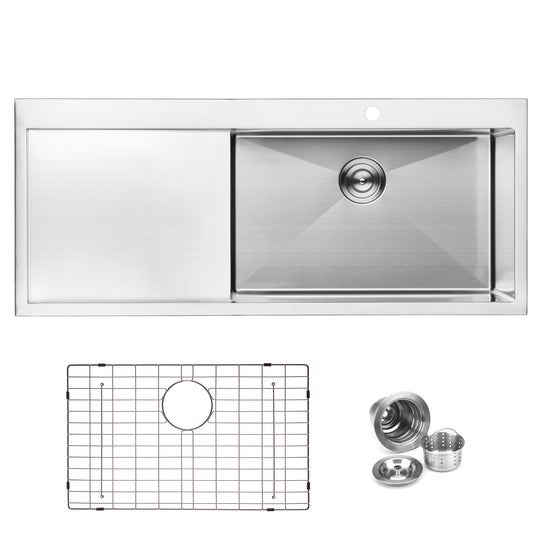 BAI 1232 Stainless Steel 16 Gauge Kitchen Sink Handmade 48-inch Top Mount Single Bowl with Drainboard