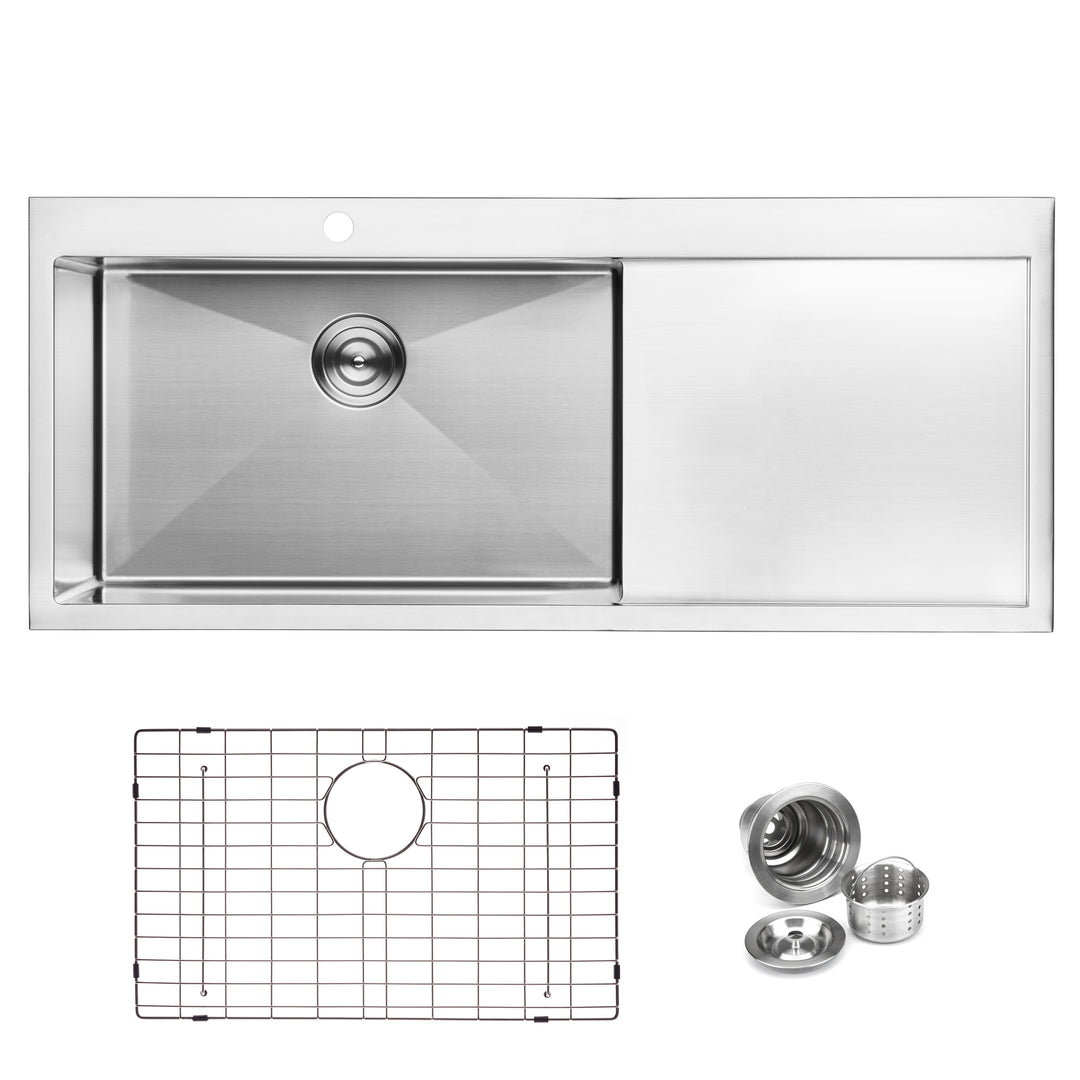 BAI 1233 Stainless Steel 16 Gauge Kitchen Sink Handmade 48-inch Top Mount Single Bowl with Drainboard