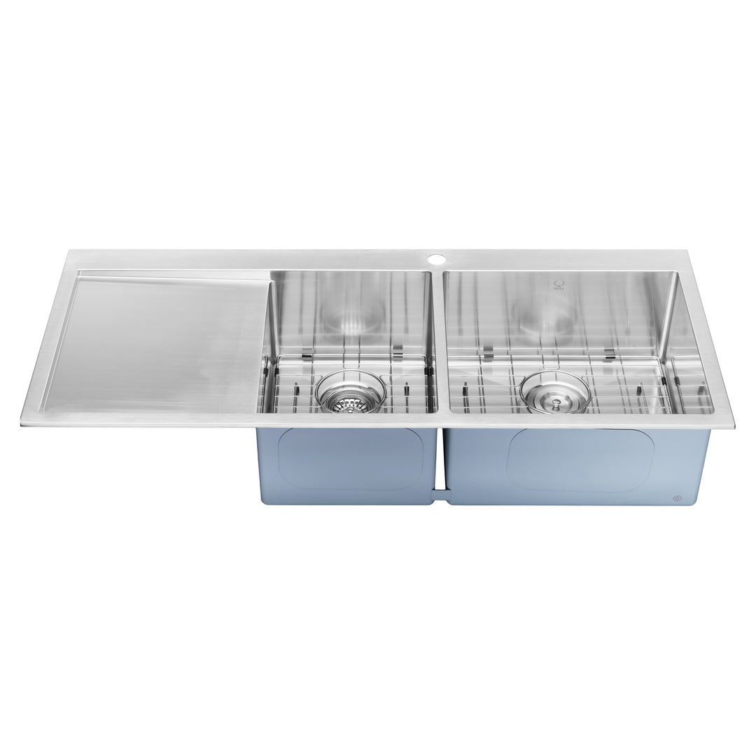 BAI 1234 Stainless Steel 16 Gauge Kitchen Sink Handmade 48-inch Top Mount Double Bowl with Drainboard
