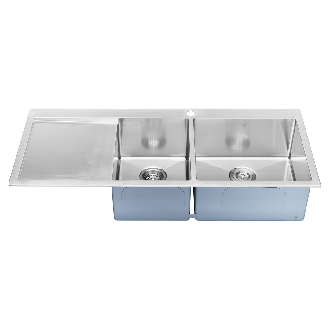 BAI 1234 Stainless Steel 16 Gauge Kitchen Sink Handmade 48-inch Top Mount Double Bowl with Drainboard