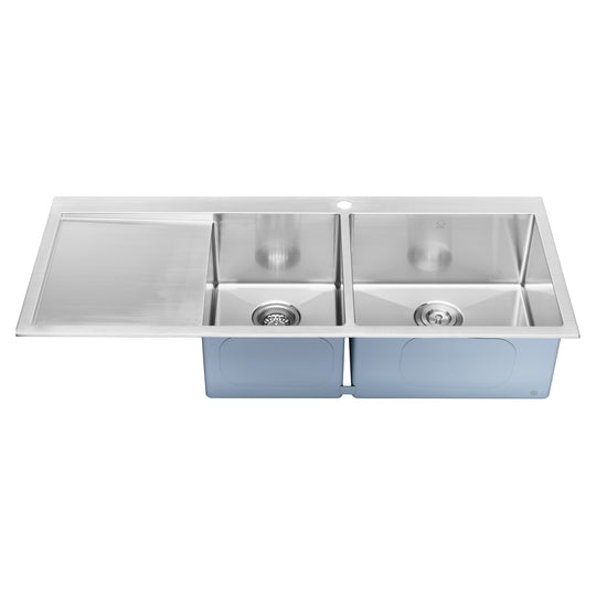 BAI 1234 Stainless Steel 16 Gauge Kitchen Sink Handmade 48-inch Top Mount Double Bowl with Drainboard