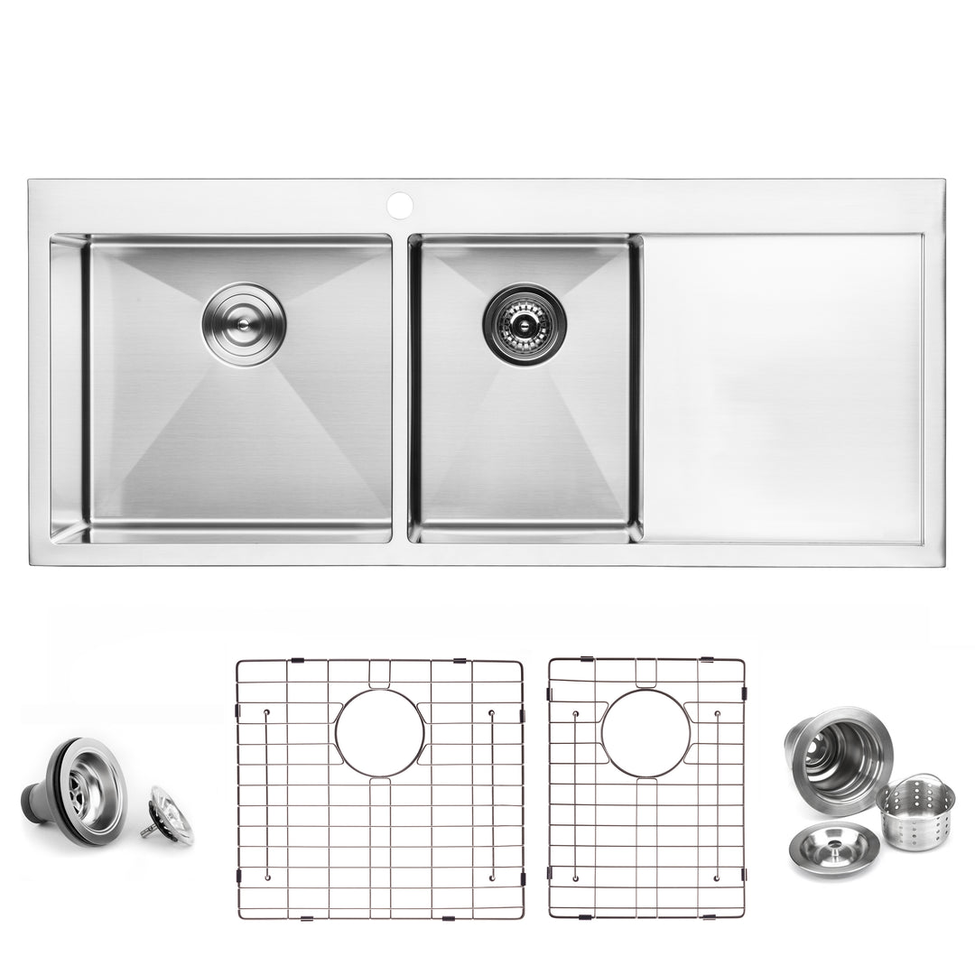 BAI 1235 Stainless Steel 16 Gauge Kitchen Sink Handmade 48-inch Top Mount Double Bowl with Drainboard