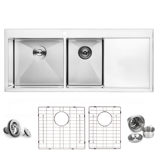 BAI 1235 Stainless Steel 16 Gauge Kitchen Sink Handmade 48-inch Top Mount Double Bowl with Drainboard