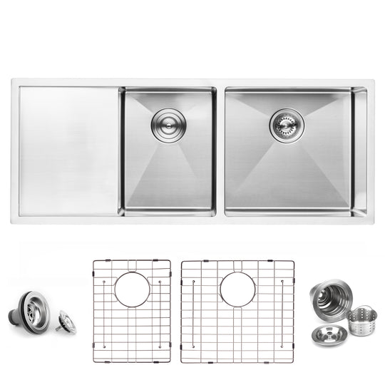 BAI 1254 Stainless Steel 16 Gauge Kitchen Sink Handmade 45-inch Undermount Double Bowl with Drainboard