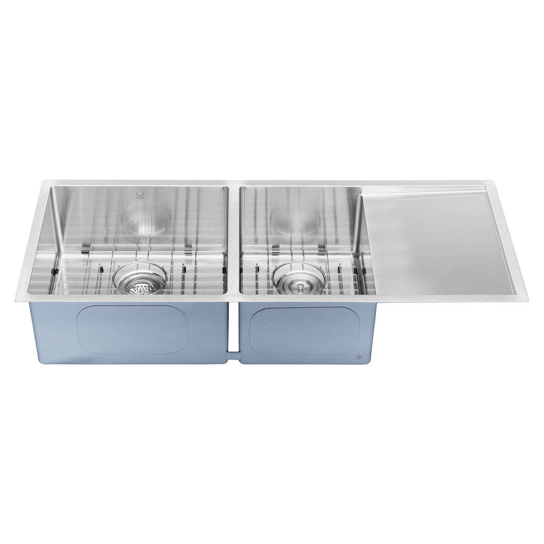 BAI 1255 Stainless Steel 16 Gauge Kitchen Sink Handmade 45-inch Undermount Double Bowl with Drainboard