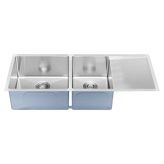 BAI 1255 Stainless Steel 16 Gauge Kitchen Sink Handmade 45-inch Undermount Double Bowl with Drainboard