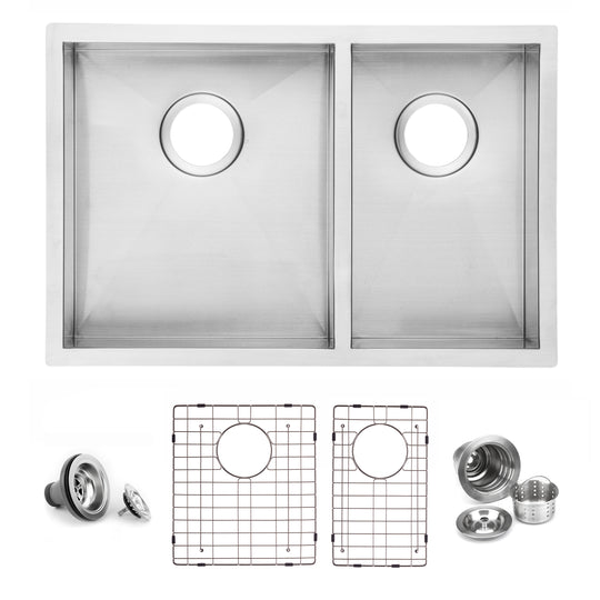 BAI 1292 Stainless Steel 16 Gauge Kitchen Sink Handmade 27-inch Undermount Zero Radius Double Bowl