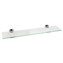 A modern polished chrome finished 24-inch glass shelf with solid brass supports on the ends.