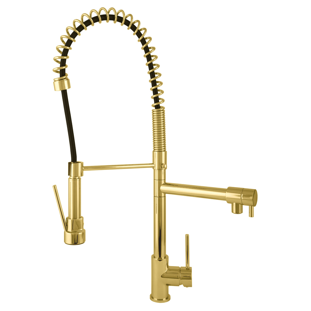 BAI 2613 Single Handle Kitchen Faucet with 2 Spouts and Pull-Down Spray in Brushed Gold Finish