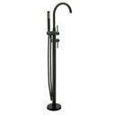 A modern freestanding bathtub faucet set in a matte black finish, featuring a tall curved gooseneck spout, a vertical support column with a round base, a slide valve, and a handheld shower head with a flexible hose, shown on a plain white background.