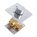 A modern polished chrome single-handle on/off shower valve trim with a brass valve body and a silver metal mounting plate, shown on a solid white background.