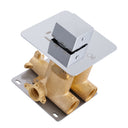 A modern wall-mounted shower valve trim featuring a brushed brass main body, a square polished chrome control faceplate with a polished chrome knob, and a gray metal mounting plate, shown on a solid white background.