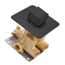 A modern wall-mounted shower valve trim featuring a brushed brass main body, a square black control faceplate with a black knob, and a gray metal mounting plate, shown on a solid white background.