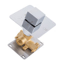 A modern wall-mounted on/off shower valve trim with a polished chrome square control faceplate and lever, attached to a brass valve body and a silver metal mounting plate, shown on a white background.