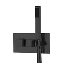 A modern wall-mounted thermostatic shower fixture with a rectangular backplate, vertical matte black handle, flexible coiled shower hose, and handheld shower head, shown against a plain white background.
