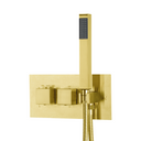A modern wall-mounted thermostatic shower fixture with a rectangular backplate, vertical brushed gold handle, flexible coiled shower hose, and handheld shower head, shown against a plain white background.