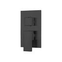 A modern wall-mounted pressure balance shower valve trim with a matte black faceplate, square lever and knob, and brass connection ports on the back.