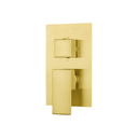 A modern wall-mounted pressure balance shower valve trim with a brushed gold faceplate, square lever and knob, and brass connection ports on the back.