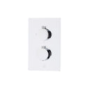 A wall-mounted two-handle thermostatic shower mixing valve trim with a polished chrome faceplate, round control knobs, and brass connection ports on the side.
