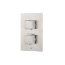 A modern two-handle thermostatic shower mixing valve trim set with a brushed nickel faceplate, featuring square lever knobs and brass mounting hardware on a white background.