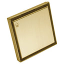 BAI 47122 Stainless Steel 5-inch Square Shower Drain in a brushed gold finish with a removable grate shown against a white background.