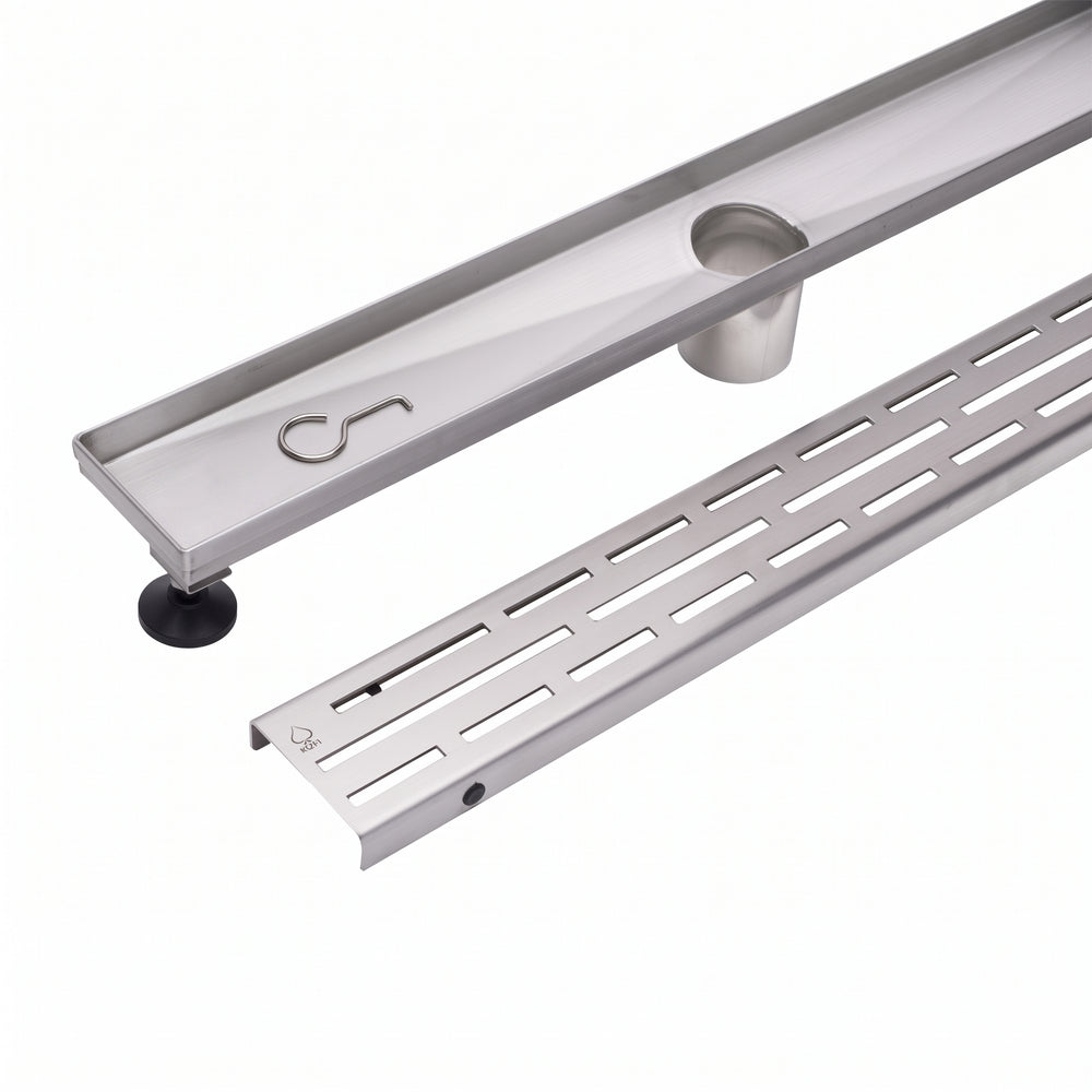 MegaBAI Stainless Steel Linear Shower Drain with adjustable leveling legs and a slotted removable grate shown against a white background.