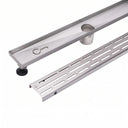 MegaBAI Stainless Steel Linear Shower Drain with adjustable leveling legs and a slotted removable grate shown against a white background.