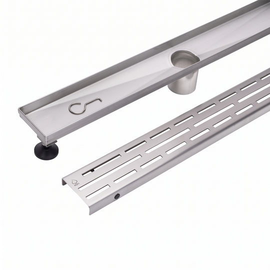 MegaBAI Stainless Steel Linear Shower Drain with adjustable leveling legs and a slotted removable grate shown against a white background.