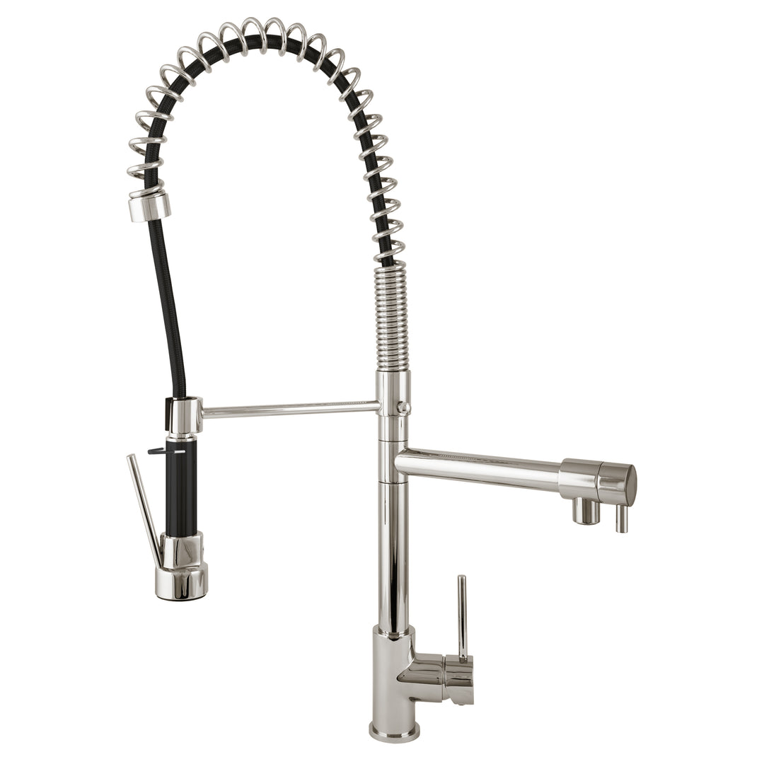 BAI 0631 Single Handle Kitchen Faucet with 2 Spouts and Pull-Down Spray in Brushed Finish