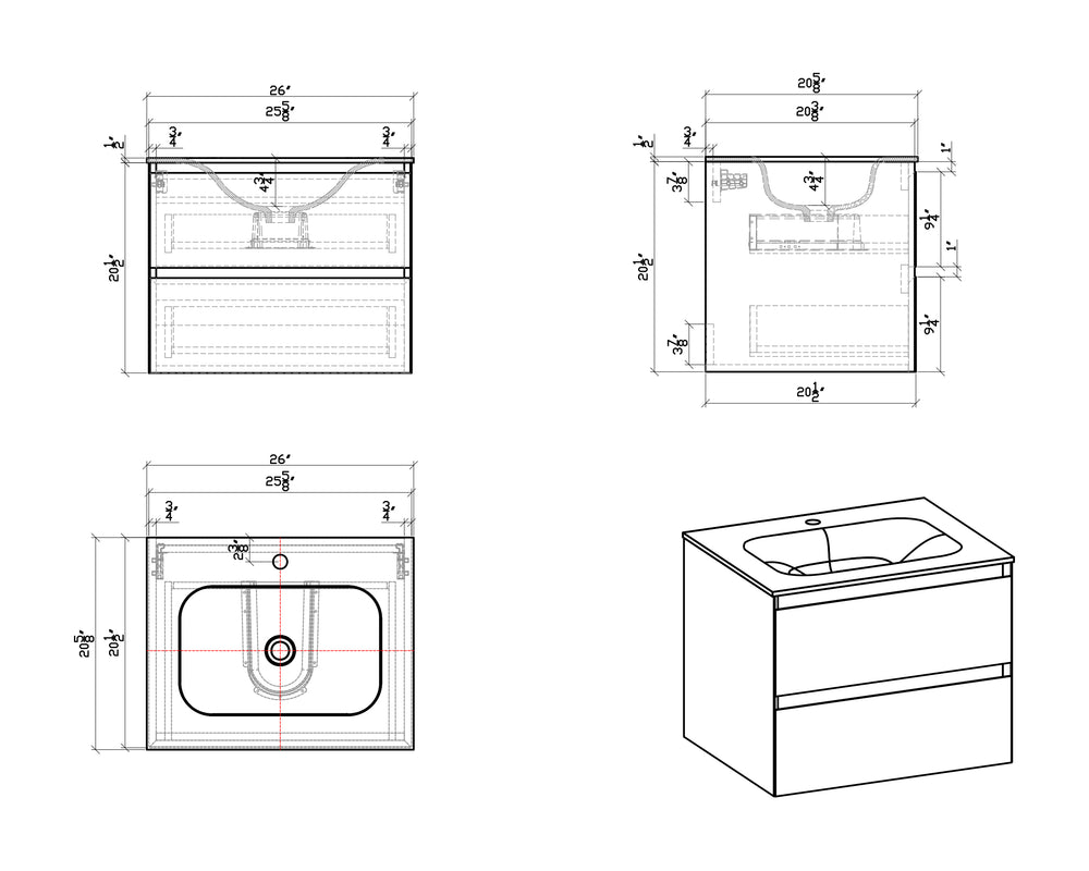 BAI 8200 Wall Hung 26-inch Bathroom Vanity in Natural Oak Finish with Matte White Basin
