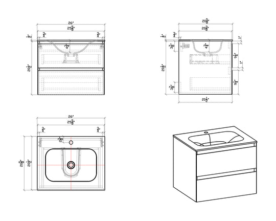 BAI 8200 Wall Hung 26-inch Bathroom Vanity in Natural Oak Finish with Matte White Basin