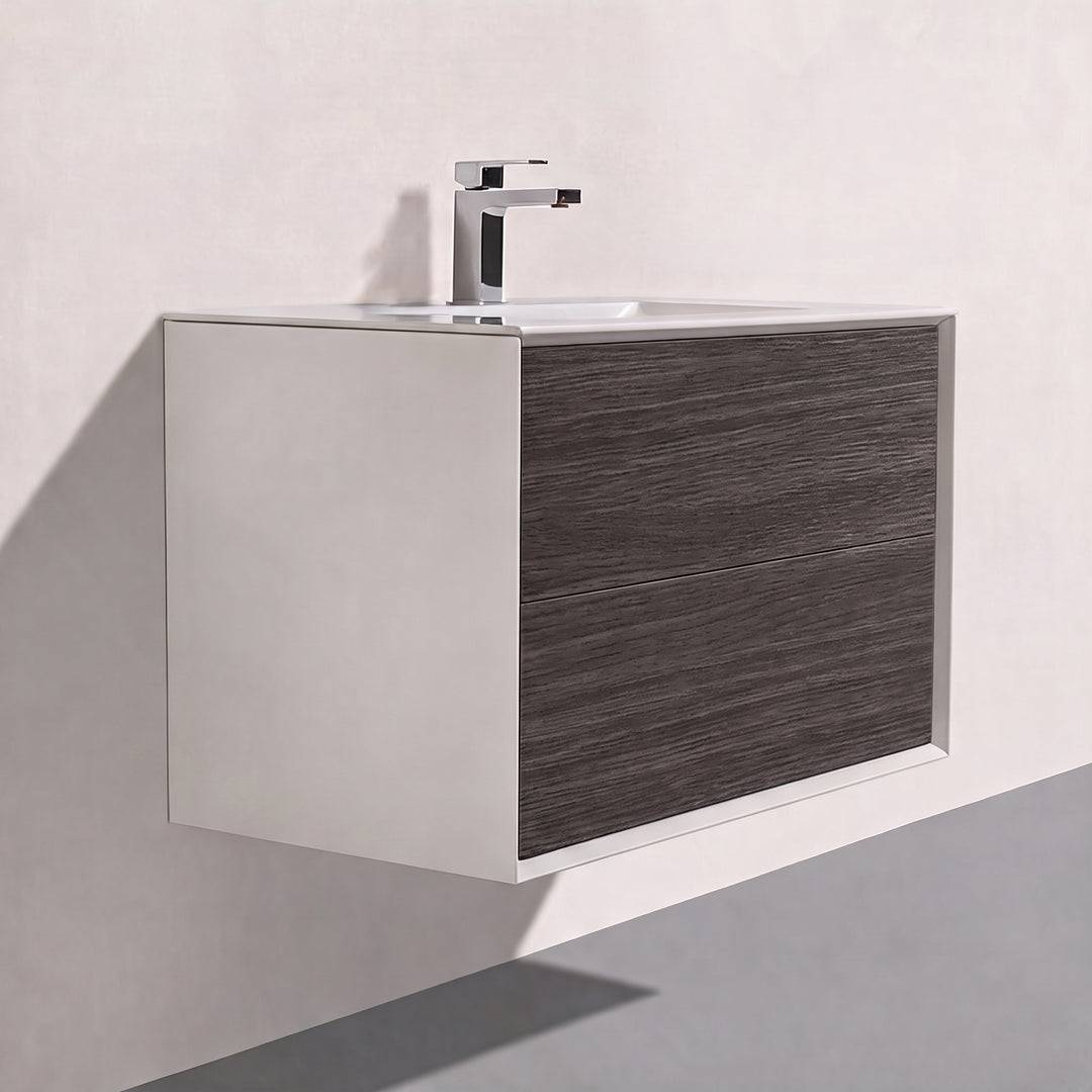 A modern wall-mounted bathroom vanity with a white cabinet, dark brown graphite wood grain front panel, white sink basin, and a chrome faucet, shown against a light textured wall.