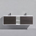 A modern wall-mounted double-sink bathroom vanity with a white top and frame, dark brown graphite wood-grain doors, and two black faucets, shown against a light gray wall.