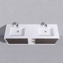 A modern double-sink bathroom vanity with a white rectangular countertop, two integrated white basins, two chrome faucets, and dark graphite wood-grain cabinet doors on a light gray background.