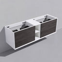 A modern wall-mounted bathroom vanity cabinet with two open top compartments and two dark graphite wood-grain doors, shown against a plain light gray wall.