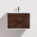 A modern floating 30-inch bathroom vanity with a rich brown rose wood-grain front, a white integrated sink, and a tall chrome faucet, shown against a light neutral wall.