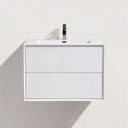 A modern gloss white wall-mounted 30-inch bathroom vanity with two drawers and an integrated sink, shown with a chrome faucet against a light beige wall.