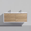 A modern 59-inch double-sink bathroom vanity with a white frame and light oak wood grain drawer fronts, featuring integrated white ceramic sinks and black faucets, shown against a neutral gray wall.